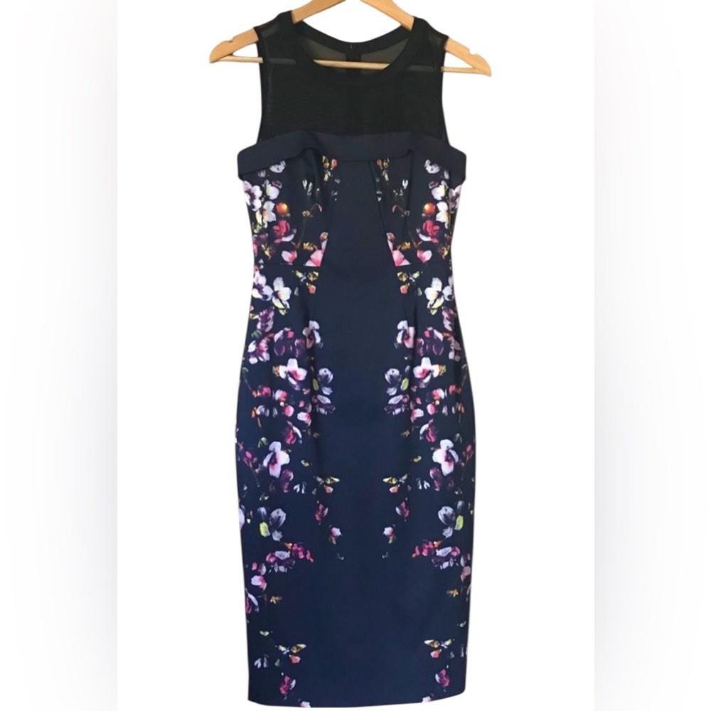Karen Millen Strapless Navy Floral Orchid Midi Dress Cocktail
